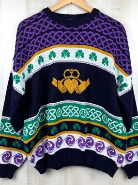 Emerald Isle Mens Crew Neck Sweater Claddagh Shamrocks Celtic Pattern Ireland XL